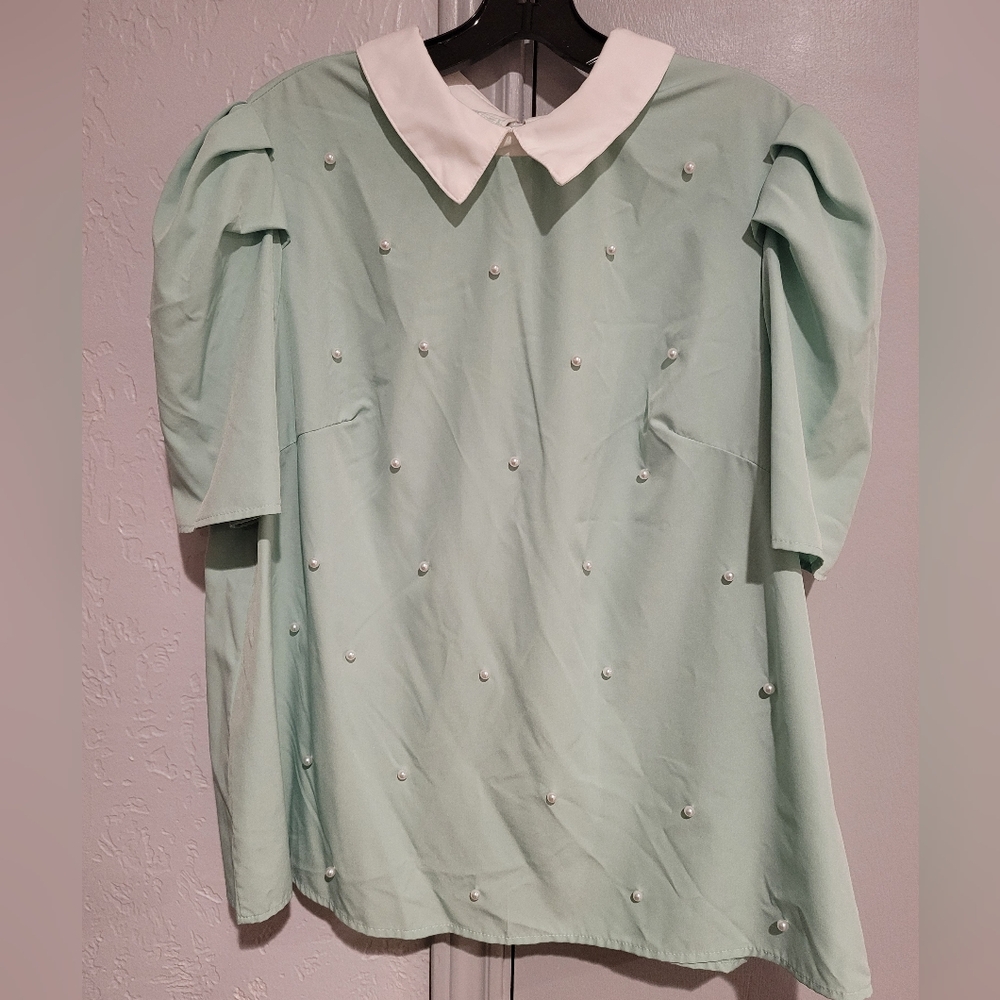 SHEIN Mint Green Blouse with White Collar